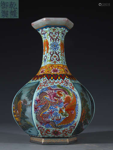 GLASS CARVED DRAGON&PHOENIX VASE