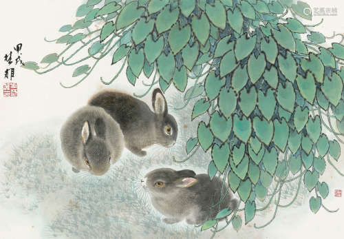 方楚雄 1994年作 绿荫群兔 镜框 设色纸本