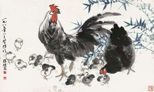 方楚雄 1987年作 鸡雏图 镜框 设色纸本
