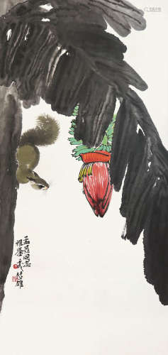 方楚雄 1982年作 芭蕉松鼠 镜片 设色纸本