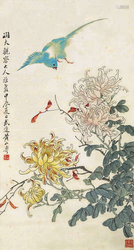 黄山寿 1904年作 花鸟 立轴 设色纸本