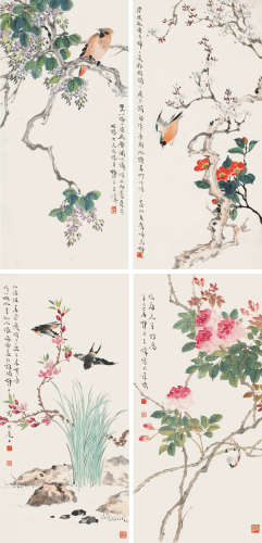 王师子 花鸟四屏 镜片 设色纸本