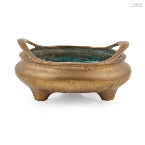 LARGE BRONZE TRIPOD CENSER WITH STRAP HANDLES 20TH