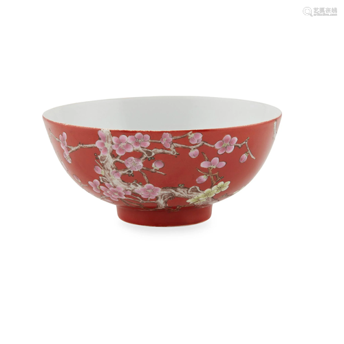 FAMILLE ROSE RED-GROUND 'PRUNUS' BOWL QIANLONG MARK