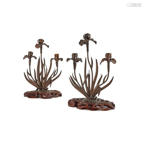 PAIR OF JAPANESE BRONZE CANDLE STICKS MEIJI PERIOD