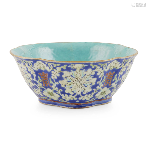 ENAMELLED BLUE GROUND 'SHOU' BOWL