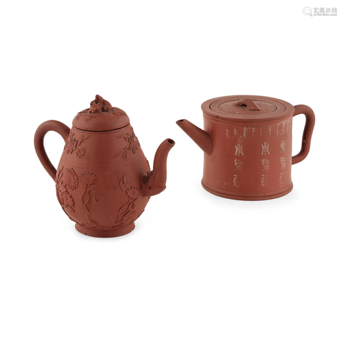 TWO YIXING STONEWARE TEAPOTS