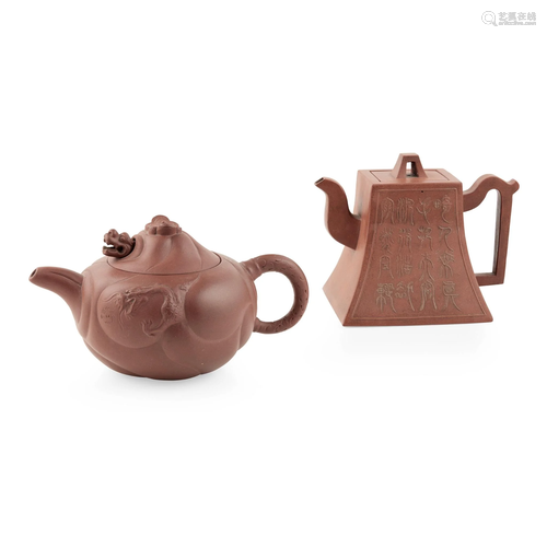 TWO YIXING STONEWARE TEAPOTS 20TH CENTURY