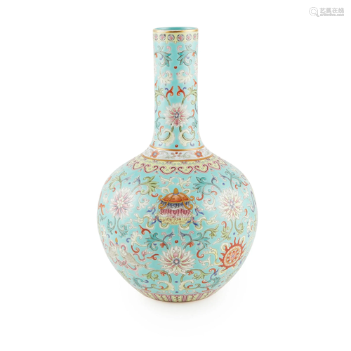 FAMILLE ROSE TURQUOISE-GROUND BOTTLE VASE QIANLONG …