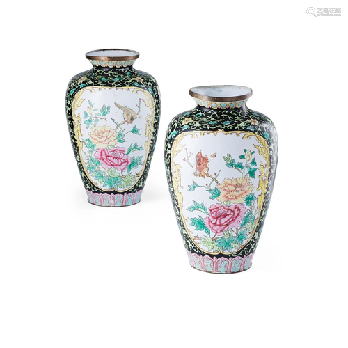 PAIR OF CANTON PAINTED ENAMEL VASES QING DYNASTY, 19TH