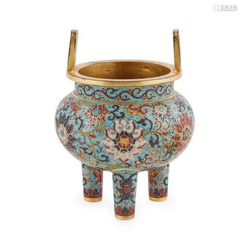 CLOISONNÃ‰ ENAMEL TRIPOD CENSER QIANLONG MARK …