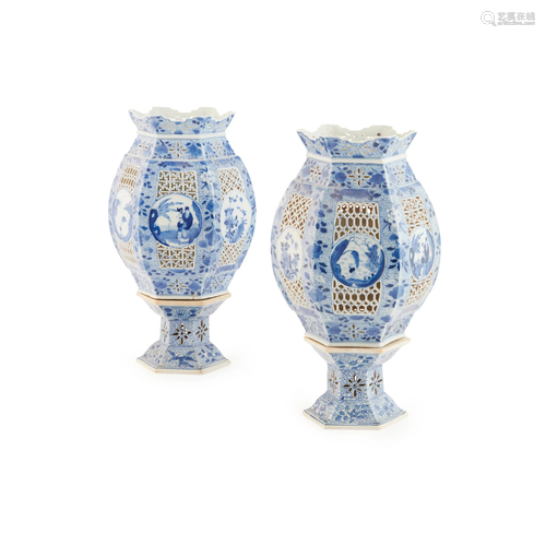 PAIR OF BLUE AND WHITE RETICULATED LANTERNS