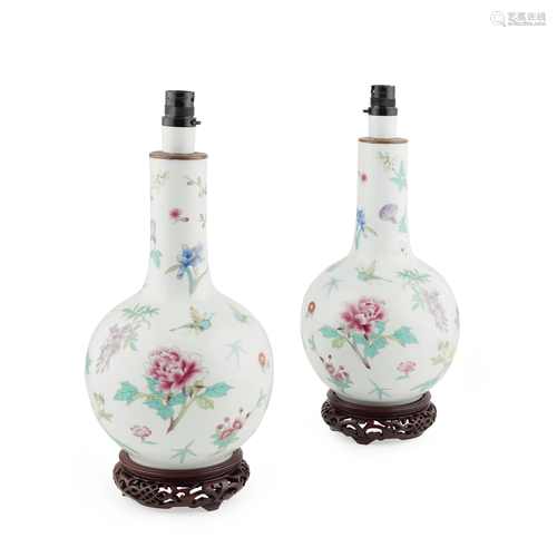 PAIR OF FAMILLE ROSE BOTTLE VASES 20TH CENTURY