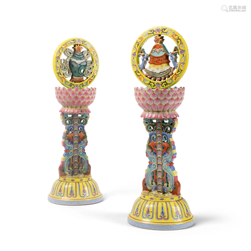 PAIR OF FAMILLE ROSE BUDDHIST TEMPLE STANDS QING