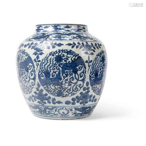 BLUE AND WHITE 'DRAGON AND PHOENIX' JAR WANGLI MARK