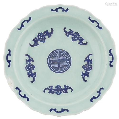 CELADON-GLAZED BLUE AND WHITE PLATE QIANLONG MARK