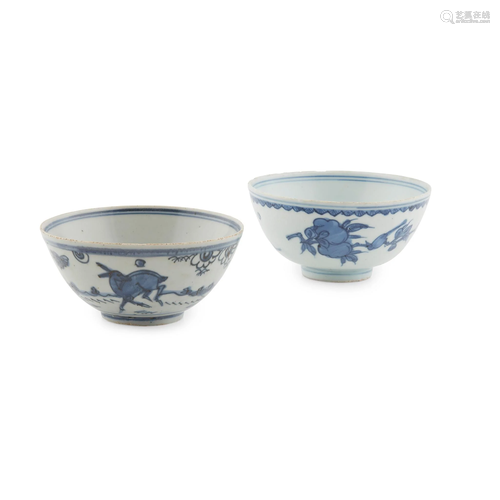 TWO BLUE AND WHITE BOWLS MING DYNASTY