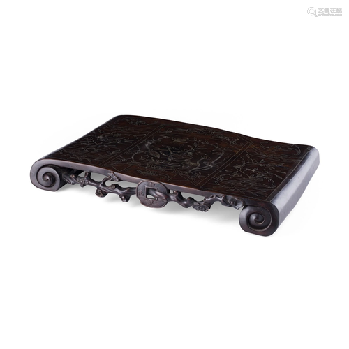 SILVER INLAID HARDWOOD SCROLL-FORM STAND REPUBLIC