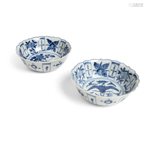 TWO MING STYLE BLUE AND WHITE FOLIATE BOWLS