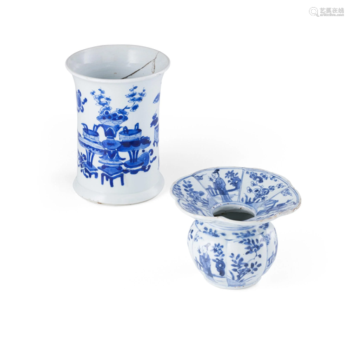 BLUE AND WHITE BRUSH POT AND FLOWER POT QING DYNASTY,