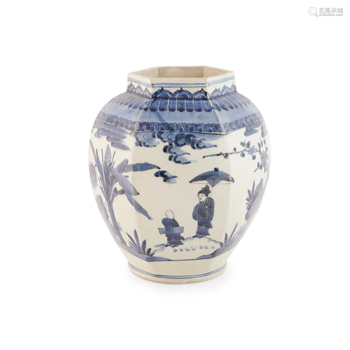 BLUE AND WHITE HEXAGONAL JAR