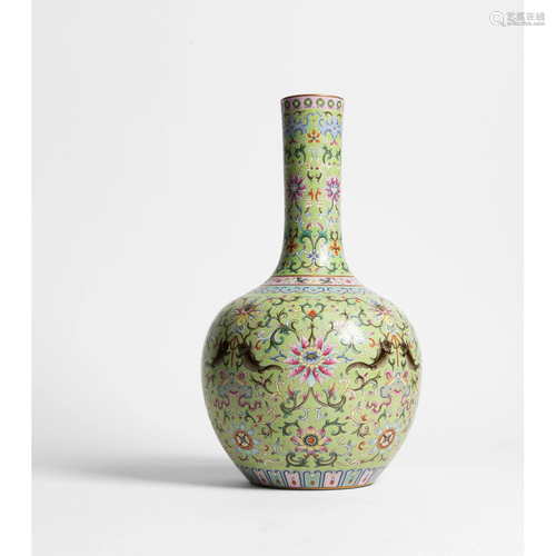 GREEN GROUND FAMILLE ROSE BOTTLE VASE JIAQING MARK …