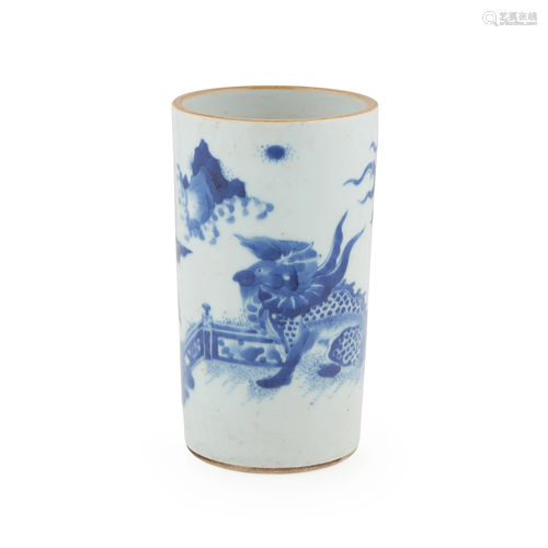 BLUE AND WHITE 'QILIN' BRUSH POT QING DYNASTY, 19TH