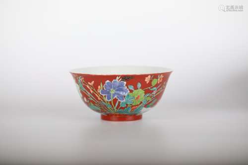 17th，Carmine ground pastel floral bowl