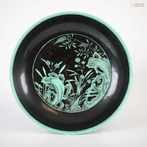 18th， green color mountain stone flower pattern plate