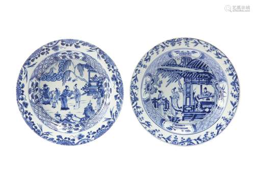 TWO CHINESE BLUE AND WHITE 'DREAM OF THE RED CHAMBER' DISHES...