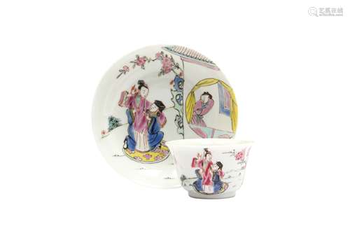 A CHINESE FAMILLE ROSE 'LOVERS' TEA CUP AND SAUCER.