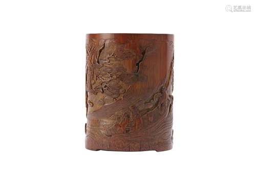 A CHINESE CARVED BAMBOO' RAFT VOYAGE' BRUSH POT.