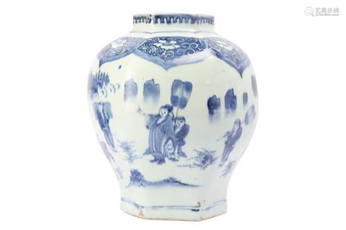 A CHINESE BLUE AND WHITE FIGURATIVE VASE.