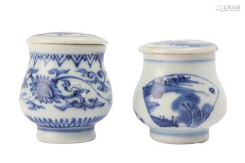 TWO CHINESE BLUE AND WHITE JARLETS WITH COVERS.