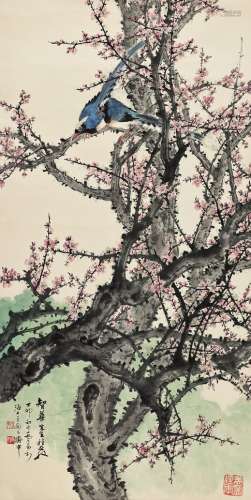 乔木（1920～2002） 1987年作 梅花绶带 立轴 设色纸本