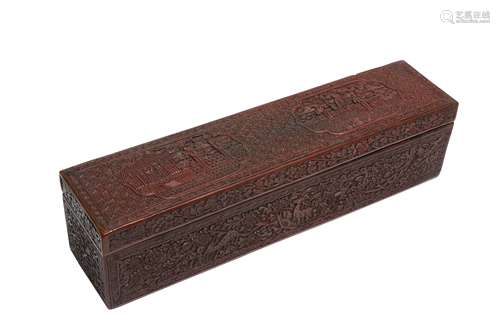 A CHINESE CINNABAR LACQUER RECTANGULAR SCROLL BOX, COVER AND...