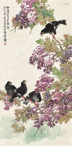 苏葆桢（1916～1990） 1963年作 紫藤八哥 立轴 设色纸本