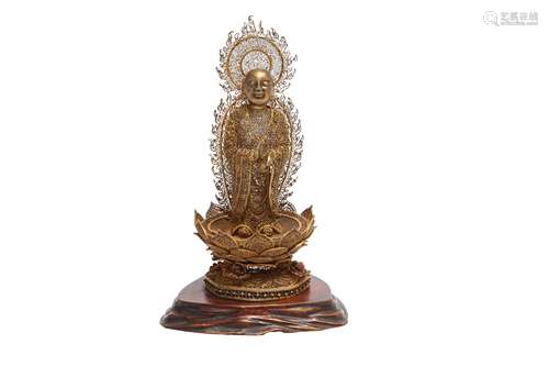 A CHINESE CANTON GILT-FILIGREE FIGURE OF A BUDDHA.