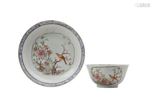 A CHINESE FAMILLE ROSE 'NIGHTINGALE' TEACUP AND SAUCER.