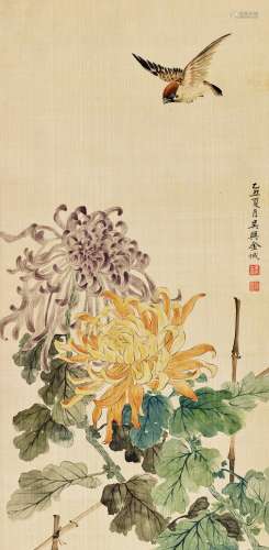 金城（1878～1926） 1925年作 菊花翠鸟 立轴 设色绢本