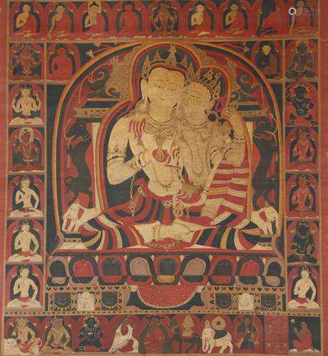 A RARE TIBETAN THANGKA OF VAJRASATTVA AND HIS CONSORT.