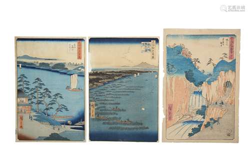 THREE WOODBLOCK PRINTS BY HIROSHIGE (1797 - 1858).