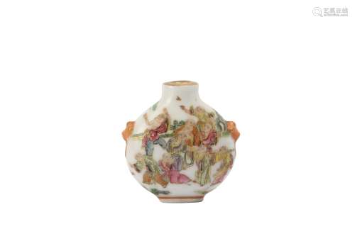 A FAMILLE ROSE EIGHTEEN LUOHAN SNUFF BOTTLE.