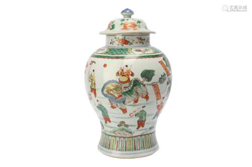 A CHINESE FAMILLE VERTE 'BOYS' BALUSTER VASE AND COVER.