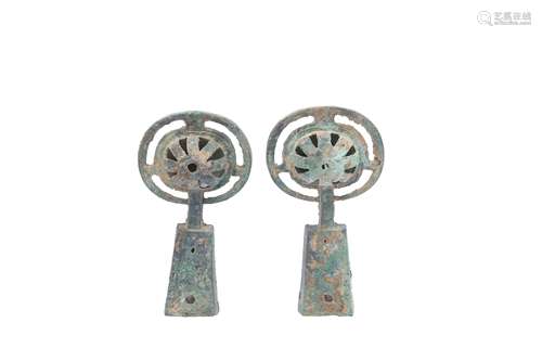 TWO CHINESE BRONZE CHARIOT BELLS.