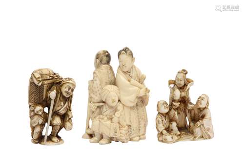 THREE JAPANESE FIGURAL IVORY NETSUKE.