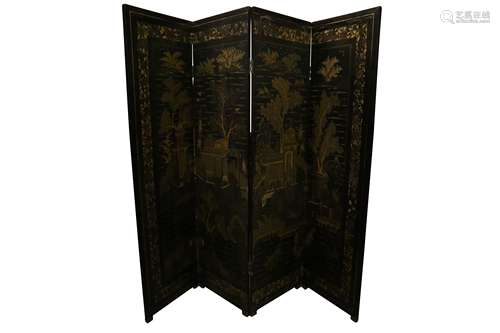 A CHINESE FOUR-FOLD GILT-LACQUER WOOD FOUR-FOLD SCREEN.