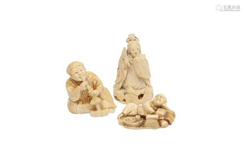 THREE IVORY FIGURAL NETSUKE.