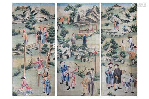 A SET OF THREE CHINESE WALLPAPER PANELS.