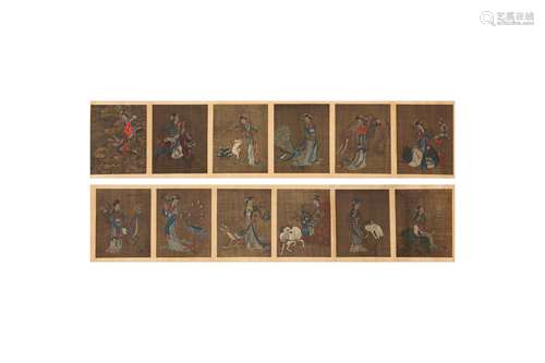 TWELVE CHINESE PAINTINGS OF LADIES WITH ANIMALS.